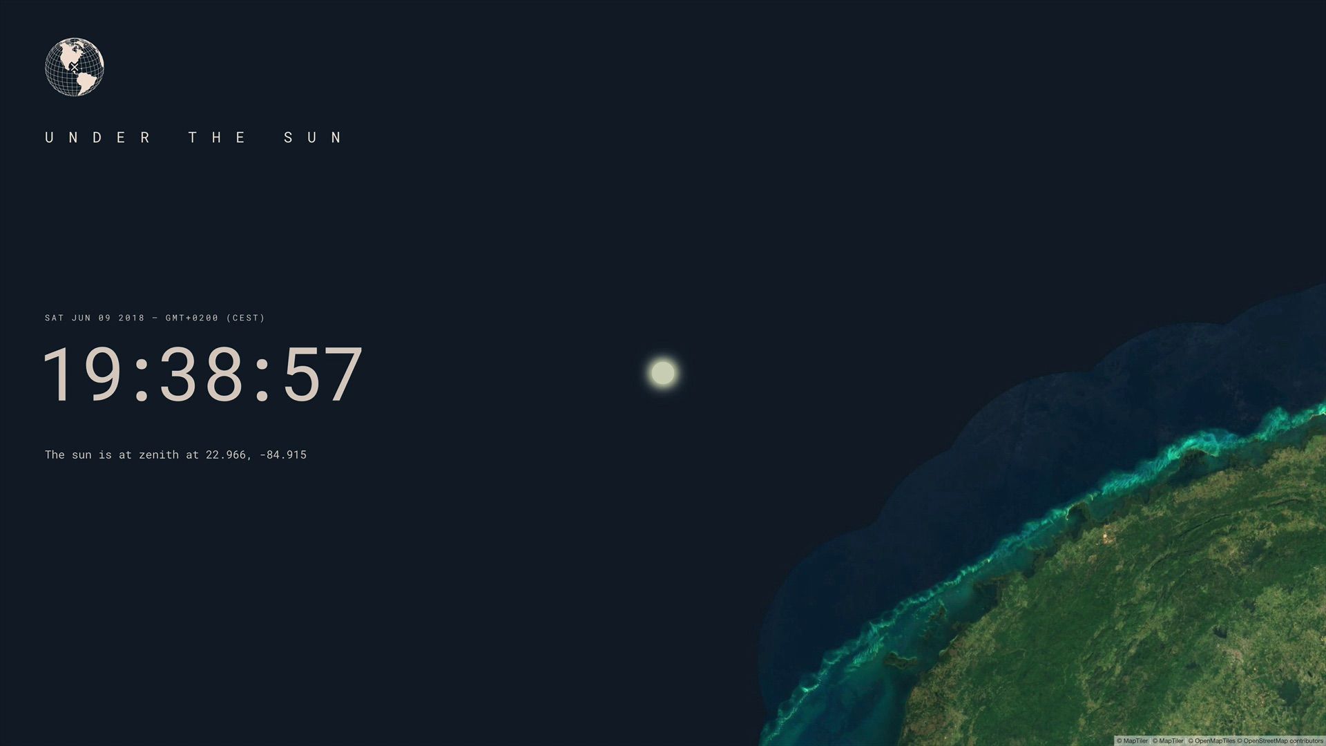 Under the Sun clock reading 19:38:57 over a satellite view of the Cuban coast where the sun is at zenith