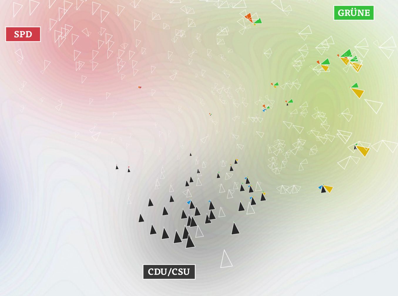 Zoom on the MDS map with CDU/CSU black triangles clustered lower centre and Grüne green triangles upper right