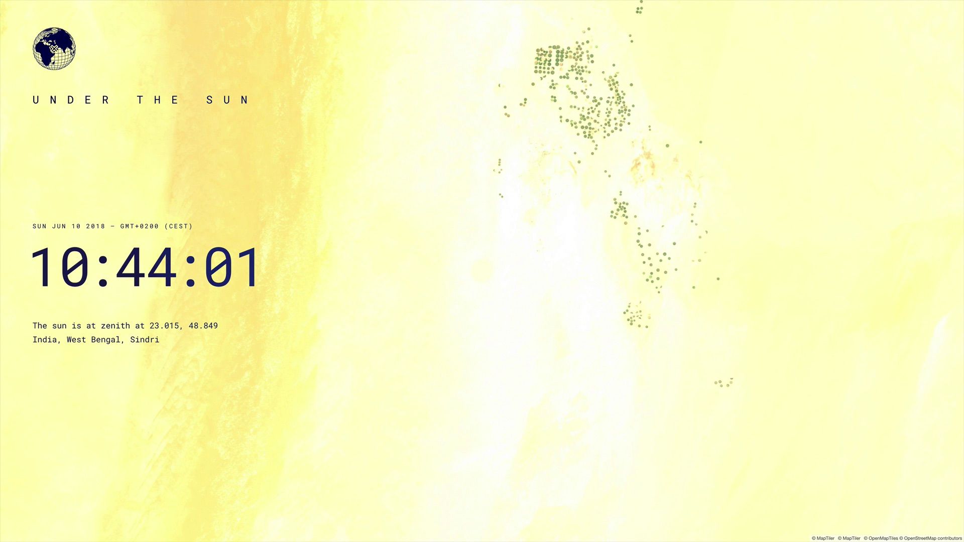 Under the Sun clock reading 10:44:01 over a sun-bleached satellite view with scattered green map dots