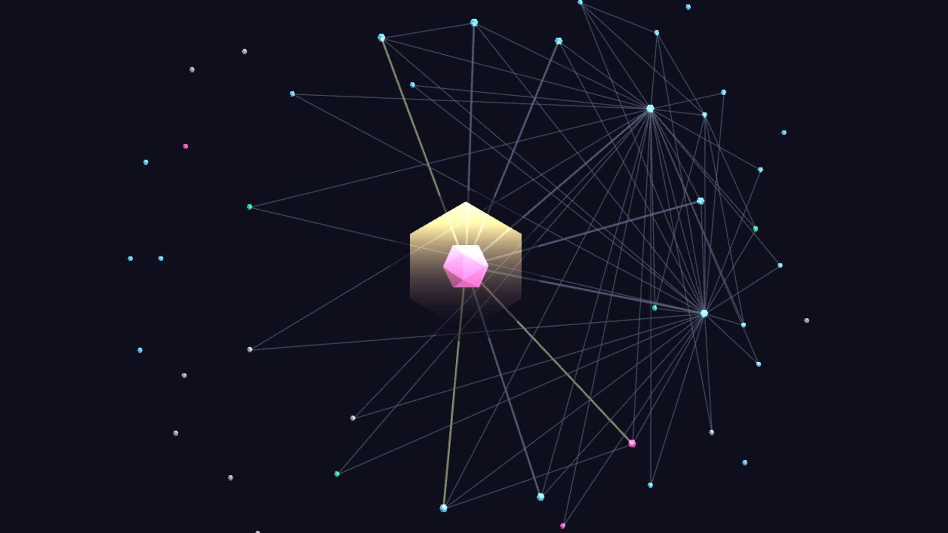 Zoom view of an escalated node, yellow shell around a pink crystal, linked across its service network