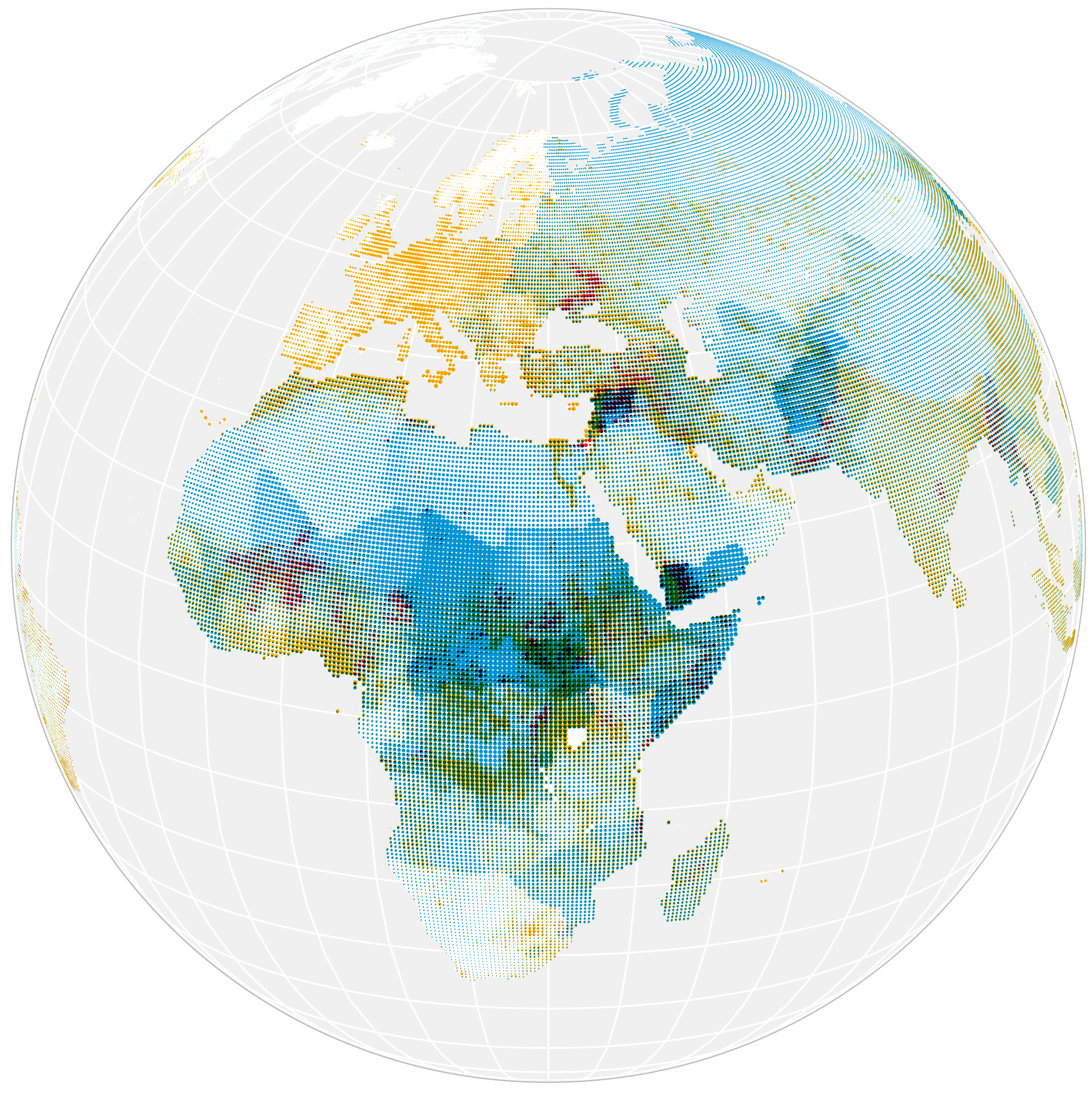 Dot-grid globe centered on Africa and Europe mapping CCVI climate and conflict risk scores