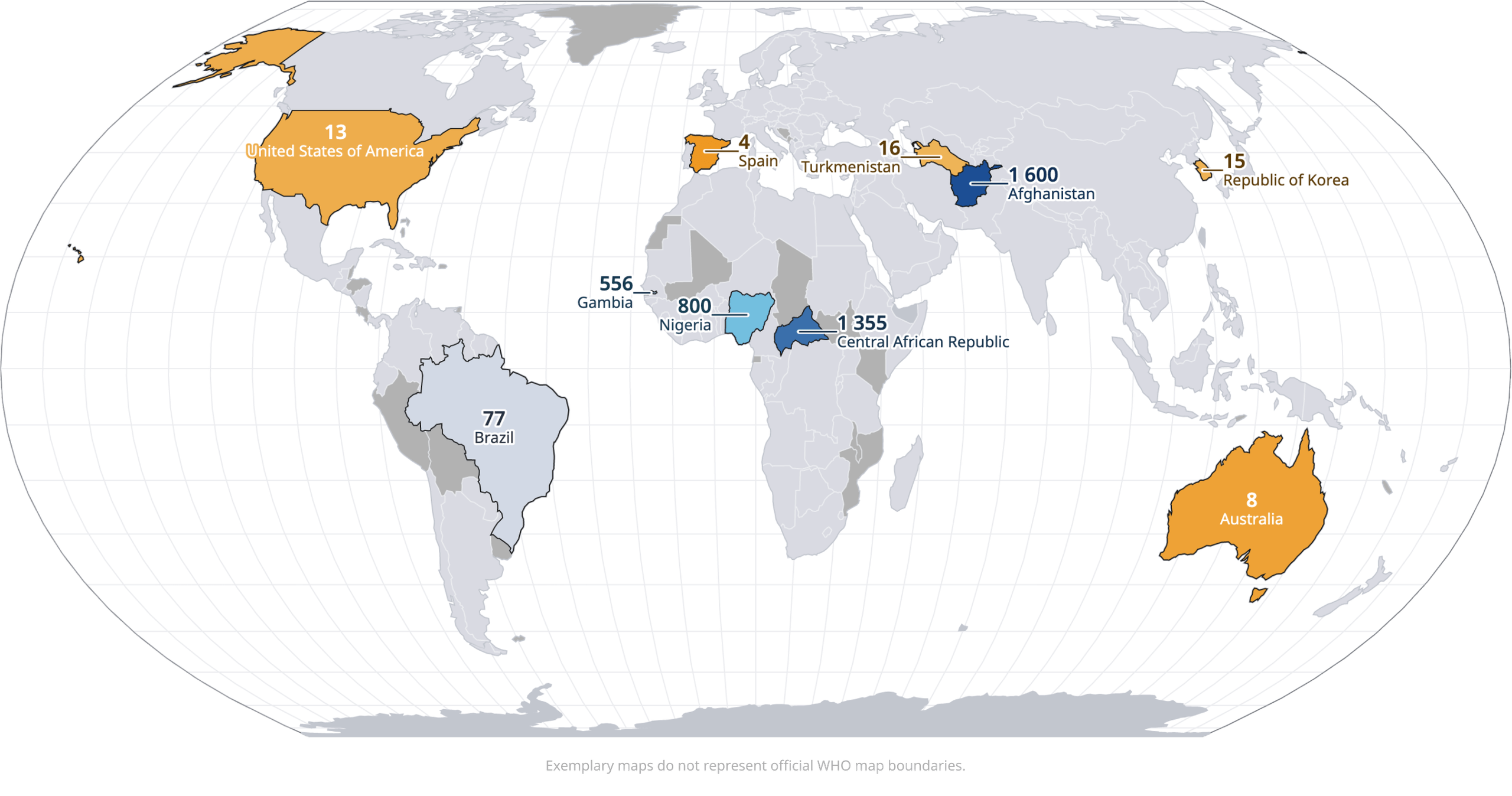 World map with inline country labels showing maternal mortality figures, from 1,600 in Afghanistan to 8 in Australia