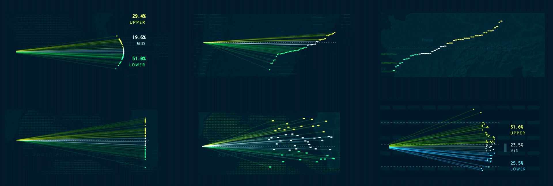 Six design variations for the region detail view, showing prediction distributions as fanning rays of dots