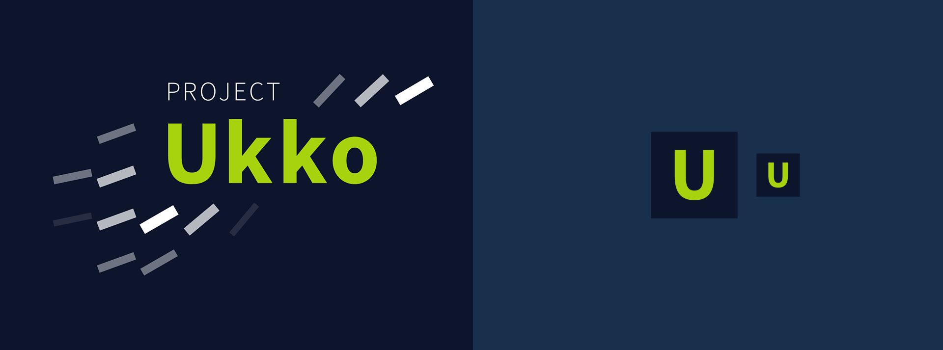 Project Ukko logo and U icon in lime green with a dynamic dash motif, by Stefanie Posavec