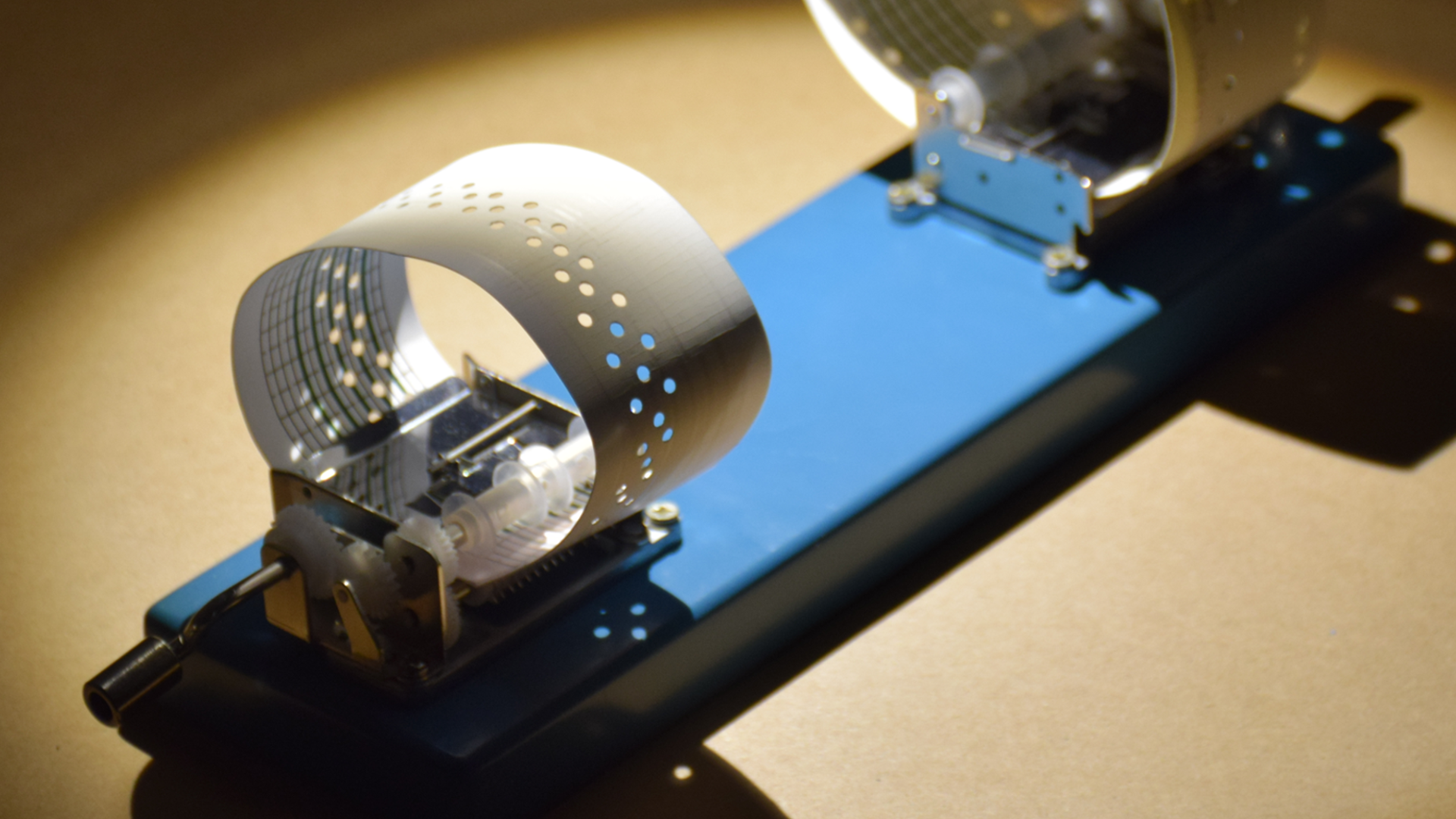 Music box with a punched paper strip encoding apple-blossom dates, used for data sonification